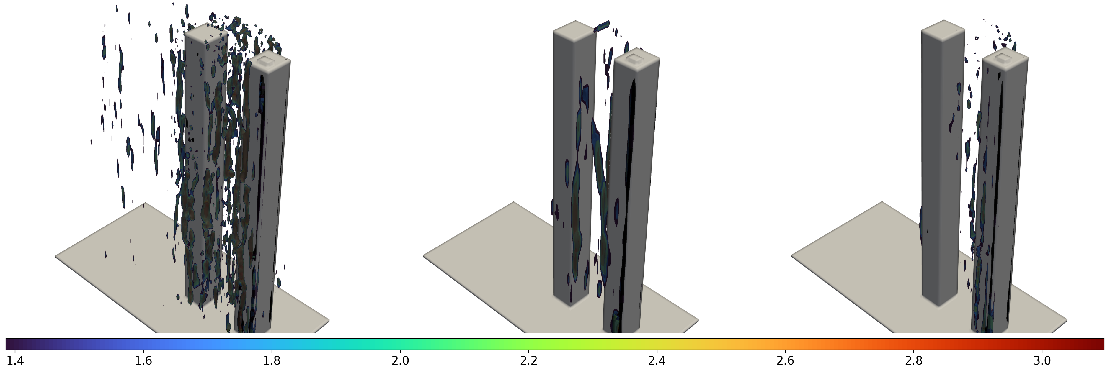 Q-criterion comparison for the two-building reconstruction case